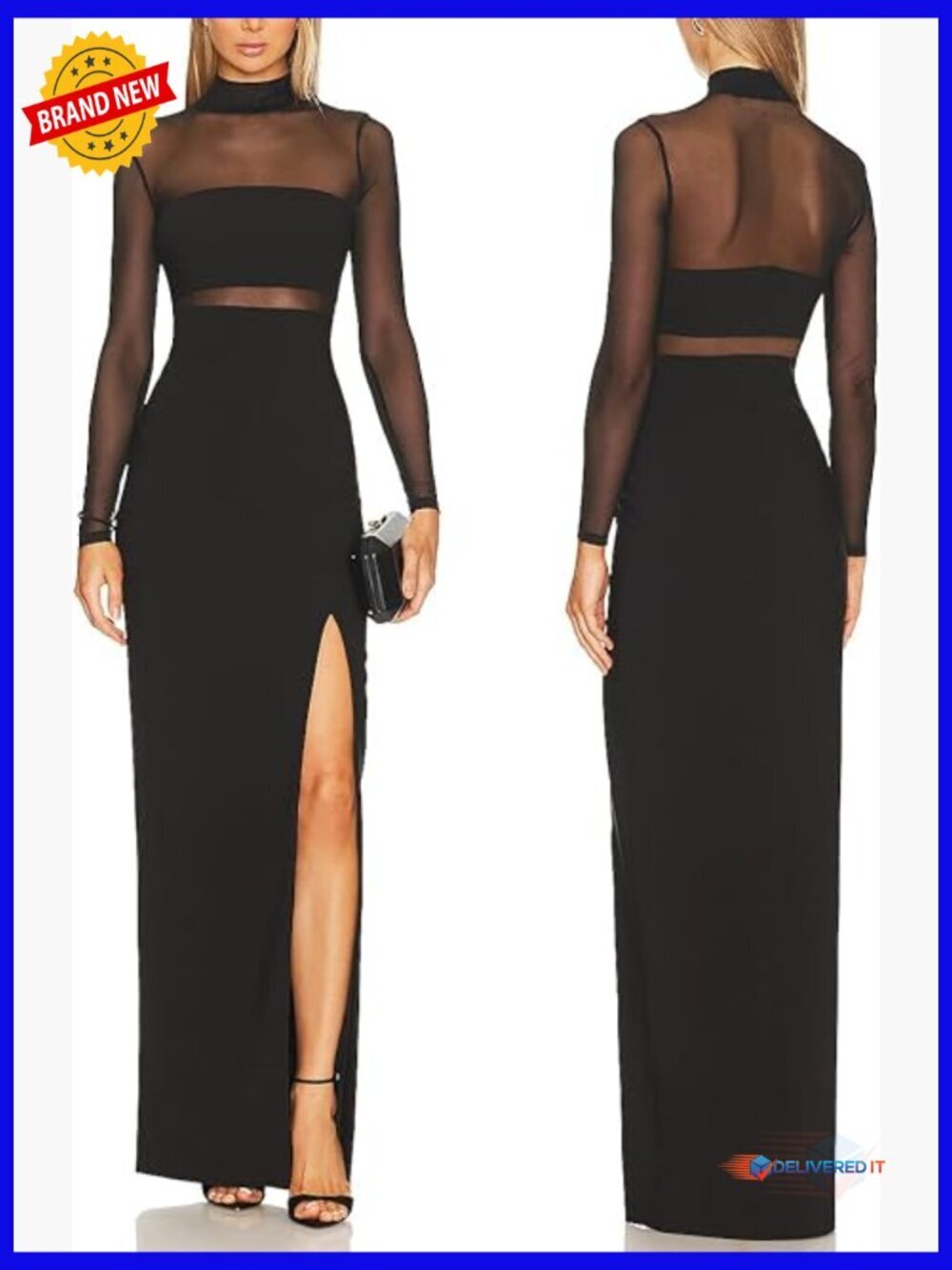 Sheer Mesh Long Sleeve Maxi Dress Bodycon Side Slit Cocktail Party
